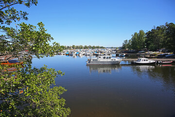 Fototapeta premium Traditional fishing boats & sailing yachts in Sapokka Marina, Kotka, Kymenlaakso province, Finland.