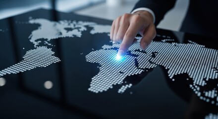 Businessman's finger touching glowing point on futuristic digital world map interface, for global market strategy, international data connection, network expansion, worldwide business