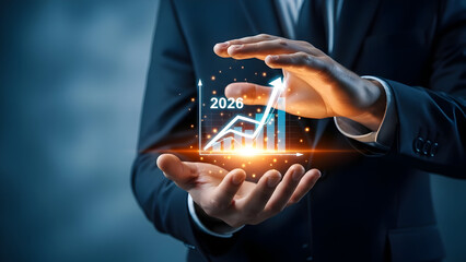 Businessman holding holographic graphs predicting future success in years 2026