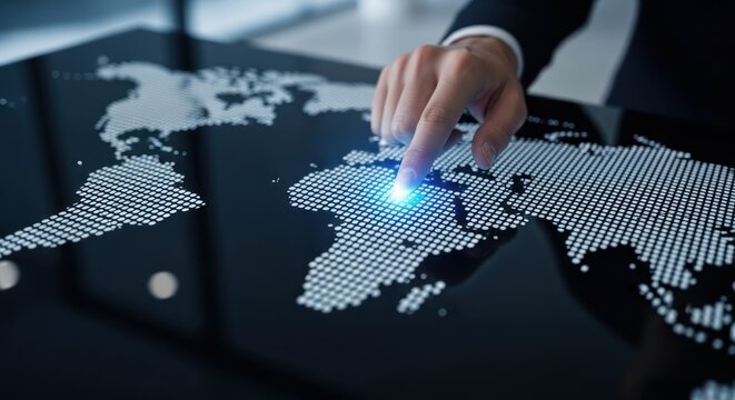 Businessman's finger touching glowing point on futuristic digital world map interface, for global market strategy, international data connection, network expansion, worldwide business - Powered by Adobe