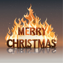 Merry christmas text engulfed in bright orange flames with starry night background