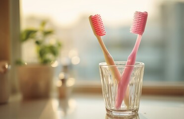 Two toothbrushes in glass on bathroom sink in morning light