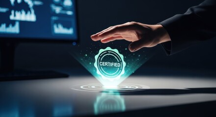 Businessman's hand hovering over glowing certified holographic stamp projection on dark surface, for quality assurance, compliance standards, digital verification, professional trust in