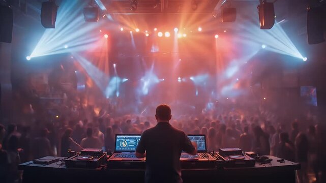 Electric Atmosphere: DJ Ignites Crowd at Nightclub with Vibrant Lights and Music