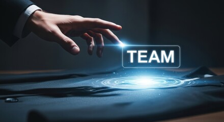 Businessman's hand reaching out to activate glowing virtual button labeled 'team' in dark, futuristic setting, for digital collaboration, unified effort, partnership, successful