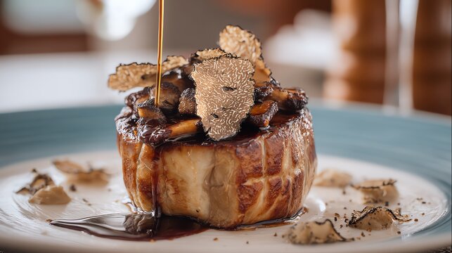 Tournedos Rossini plated with seared foie gras truffle shavings and a drizzle of Madeira wine reduction gourmet luxury