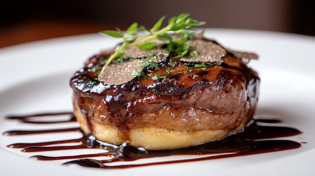 Tournedos Rossini plated with seared foie gras truffle shavings and a drizzle of Madeira wine reduction gourmet luxury