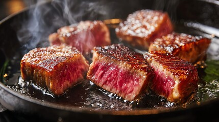 Wagyu beef steak with marbled fat sizzling on a hot cast-iron pan close-up shot realistic texture high detail