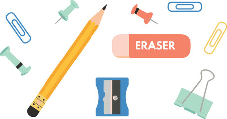 School Stationery Set with Pencil Eraser Sharpener Pins and Paper Clips in Flat Cartoon Vector Illustration