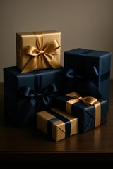 Luxury navy blue and gold gift boxes with satin ribbons stacked on wooden surface, premium packaging mockup for branding presentation, logo placement and high end holiday marketing, editorial use.