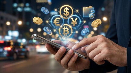 Businessman touching smartphone screen with digital global currency holograms for online financial banking investment and international money exchange trading in future city night background
