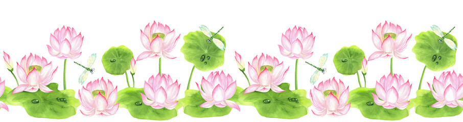Fototapeta premium Pink lotus water flowers, green leaves, flying dragonflies in seamless border. Chinese garden clipart. Hand-drawn watercolor illustration for Asian-themed designs, tablecloth runners, packaging