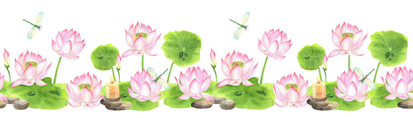 Pink lotus flowers, leaves, piles of stones, lighted candle and flying dragonflies in seamless border. Chinese garden clipart. Hand-drawn watercolor illustration for Asian-themed design, packaging