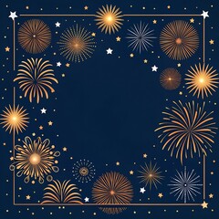 Festive golden and white fireworks frame design on a deep blue night sky background for celebration