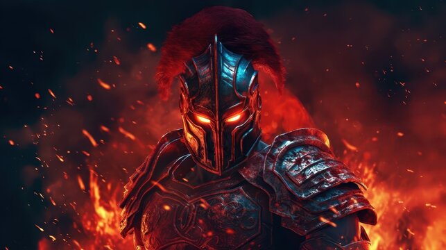Dramatic fantasy illustration of Ares, the Greek god of war, wearing dark battle armor with glowing red eyes and plume, standing amidst fire and flying embers.