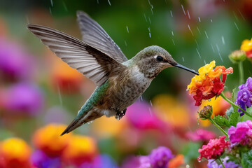 Obraz premium Hummingbird in gentle rain, sipping nectar from vibrant flower