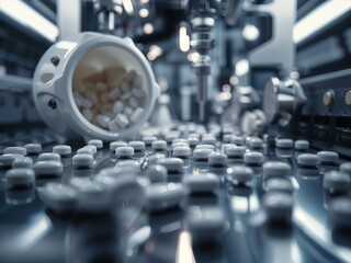 A high-speed pharmaceutical production line that fills blister packs with white tablets. The automated equipment efficiently and precisely performs the packaging process.