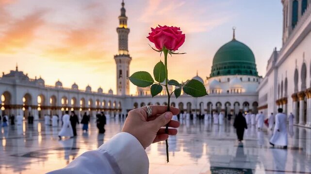 Hand Holding Red Rose at Al-Masjid an-Nabawi with Green Dome, Spiritual Travel and Islamic Faith Concept
