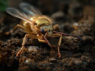 A hairy, golden Oxaea bee is visible in a close-up shot on the soil surface. This wild insect is photographed in its natural habitat outdoors.