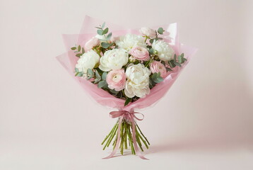 Bouquet of flowers with a floral design white peonies, pink ranunculus and soft eucalyptus branches , wrapped in crisp pink transparent paper with ribbon. Pale pink background. Copy space