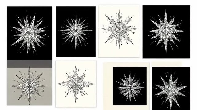 Collage of eight drawings displaying different variations of a compass rose on various backgrounds