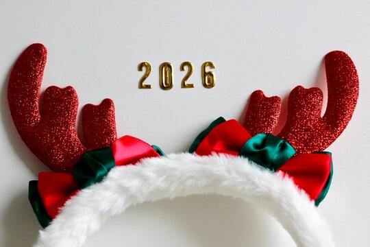 Close-up of a reindeer headband with 2026 on a white background