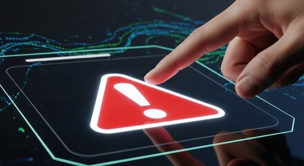 Finger touching glowing red danger warning symbol displayed on futuristic dark interface, for critical system failure, urgent data protection, security breach alert, immediate digital risk