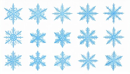 Fototapeta premium Sixteen unique blue snowflake designs in 4x4 grid on white background, symmetrical and varied.