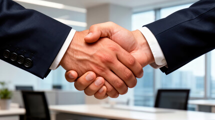 Obraz premium Professional business handshake symbolizing agreement, partnership, and successful collaboration within a modern, blurred corporate office environment.