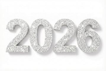 Silver sparkles 2026 number new year design isolated on white background. Cloud dancer color