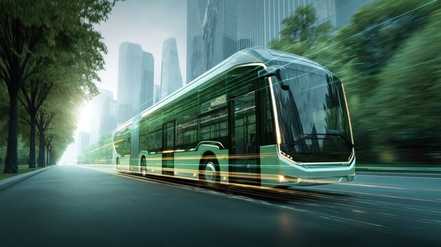 Modern bus on roadway with city backdrop