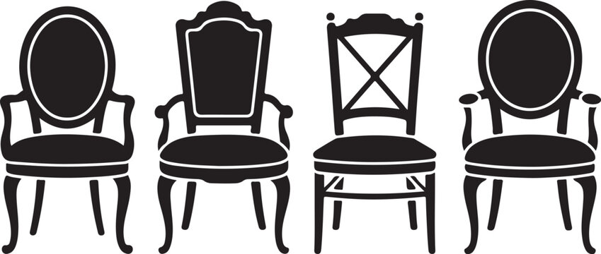 Elegant antique chair set for sophisticated interiors, classic furniture designs for luxury homes and upscale restaurants, vector style furnishings silhouette a white backgraound
