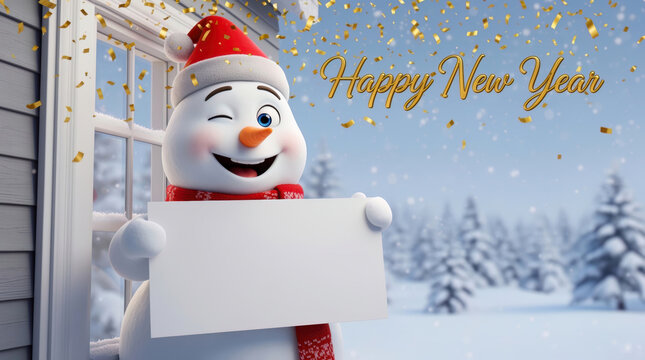 Whimsical 3D snowman in a Santa hat winking and smiling, peeking from a window, holding a blank sign amidst falling gold confetti, conveying festive holiday cheer and a Happy New Y