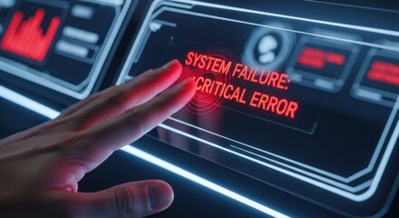 Hand interacting with futuristic dark digital dashboard with severe red "system failure: critical error" alert, for immediate operational breakdown, major cybersecurity risk, data loss,