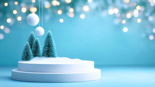 Snowy miniature winter scene with teal bottlebrush trees white round podium and hanging baubles, soft bokeh lights evoke