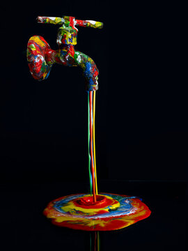 Multi coloured acrylic paint covered tap with colourful liquid flowing into a puddle on a black background
