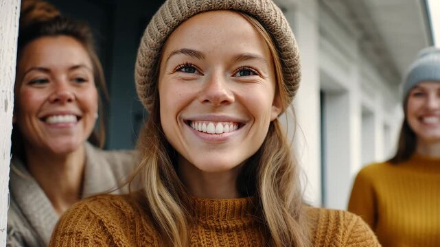 Joyful autumn gathering: friends celebrating outdoors in cozy knitwear