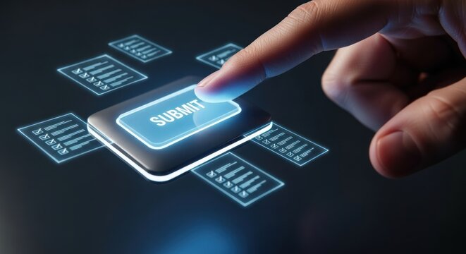 Hand pressing glowing submit button on futuristic digital interface, surrounded holographic document forms, for completion online process, data submission, digital application approval
