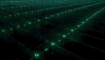 Obraz premium Aerial Night View of Smart Power Grid With Green Energy Lines and Sustainability Copy Space
