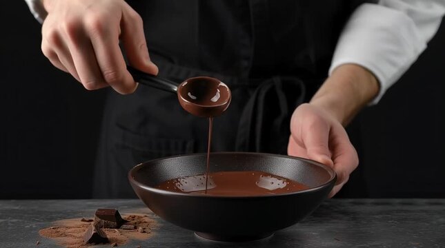 Close-up of melted chocolate being poured into a bowl. Concept of dessert preparation, luxury food, confectionery, and culinary craftsmanship.