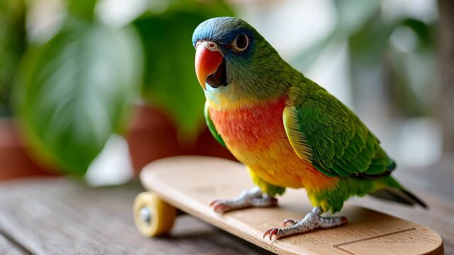 Colorful parrot perched on skateboard in tropical garden setting