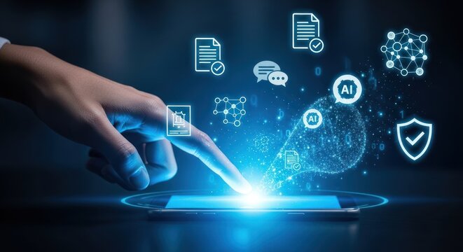 Hand touching smartphone activating digital interface with ai, document, network, security icons, for automated workflow, intelligent data analysis, reliable business process management - Powered by Adobe