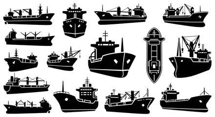 Silhouette Collection of Cargo Ships and Tankers for Transportation.