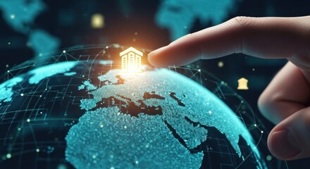 Human finger interacting with glowing financial institution icon displayed on digital, networked world map, for global services, secure fintech solutions, interconnected digital financial