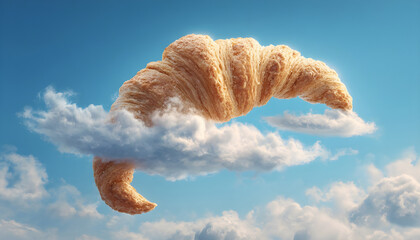 Croissant shaped cloud floating through a bright clear blue sky, presenting a whimsical surreal breakfast or dream concept with creative bakery and fantasy themes