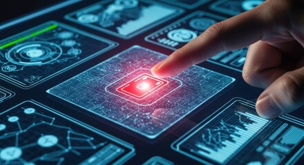 Human finger pressing glowing microchip icon on holographic touchscreen interface, for secure data access, digital identity verification, global network protection, advanced technological