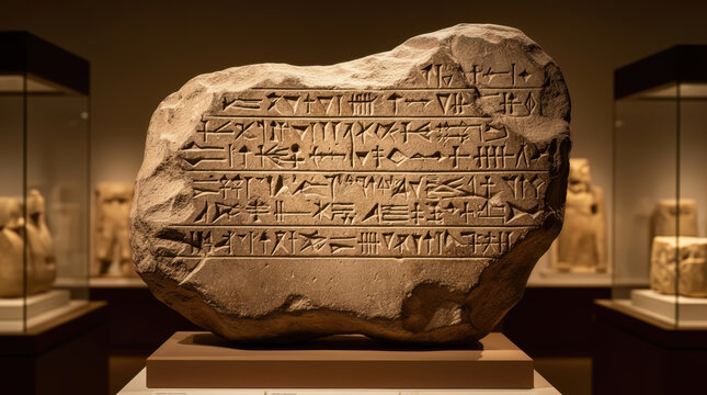 Ancient Mesopotamian stone tablet with cuneiform script, beautifully preserved in a museum exhibit, symbolizing the dawn of human writing and cultural heritage.