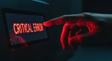 Human hand reaching out to press digital screen with critical error warning message in glowing red text, for urgent crisis management, system failure, security breach, immediate technical