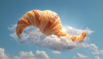 Croissant shaped cloud floating through a bright clear blue sky, presenting a whimsical surreal breakfast or dream concept with creative bakery and fantasy themes