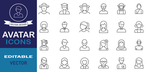 Avatar line icon set symbol collection. Simple outline art for web and app graphic design. Profile, man, logo, interface, avatars, person, different men, woman and more symbol. Vector illustration.